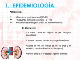 1.- EPIDEMIOLOGÍA:
A) Incidencia.




< Frecuencia que trauma renal (0.5-1%)
> Frecuencia en trauma penetrante ( 2-17%)
> Incidencia es la iatrogenia (0.9%) por intervenciones Qx
B) Edad y sexo.
•La mayor causa en mujeres es por yatrogenia
ginecológica
•La mayor causa en varones es por agentes externos.
•Mujeres se ven por debajo de los 45 años y en
varones por encima de esta edad (iatrogenia)
•Varones entre la 2ª-4ª década ( Agentes externos)

 
