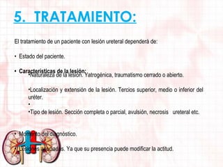 5. TRATAMIENTO:
El tratamiento de un paciente con lesión ureteral dependerá de:
• Estado del paciente.
• Características de la lesión:
•Naturaleza de la lesión. Yatrogénica, traumatismo cerrado o abierto.
•Localización y extensión de la lesión. Tercios superior, medio o inferior del
uréter.
•
•Tipo de lesión. Sección completa o parcial, avulsión, necrosis ureteral etc.
• Momento del diagnóstico.
• Lesiones asociadas. Ya que su presencia puede modificar la actitud.

 