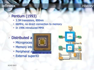 History
Pentium (1993)
3.3M transistors, 800nm
66MHz, no direct connection to memory
In 1996 introduced MMX
Distributed architectures
Microprocessor
Memory interface bridge
Peripheral and bus bridge
External superIO
02/02/2015
 