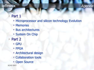 Agenda
Part 1
Microprocessor and silicon technology Evolution
Memories
Bus architectures
System On Chip
Part 2
GPU
FPGA
Architectural design
Collaboration tools
Open Source
02/02/2015
 