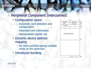 History
Peripheral Component Interconnect
Configuration space
• Automatic card detection and
configuration
• Extended card information
• Standardized register set
Dynamic device address
mapping
• No more conflicts among multiple
cards on the same bus
Introduces bursting
02/02/2015
 