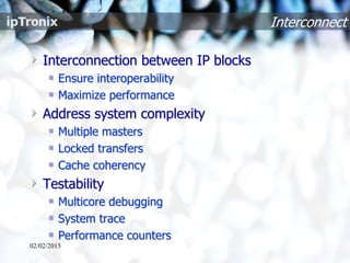 Interconnect
Interconnection between IP blocks
Ensure interoperability
Maximize performance
Address system complexity
Multiple masters
Locked transfers
Cache coherency
Testability
Multicore debugging
System trace
Performance counters
02/02/2015
 