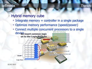 Trends
Hybrid memory cube
Integrate memory + controller in a single package
Optimize memory performance (speed/power)
Connect multiple concurrent processors to a single
device
02/02/2015
 