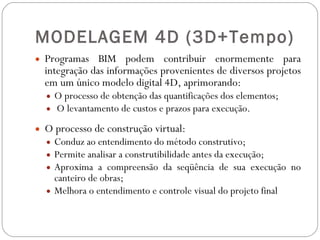 MODELAGEM 4D (3D+Tempo)   Programas BIM podem contribuir enormemente para integração das informações provenientes de diversos projetos em um único modelo digital 4D, aprimorando: O processo de obtenção das quantificações dos elementos; O levantamento de custos e prazos para execução. O processo de construção virtual: Conduz ao entendimento do método construtivo;  Permite analisar a construtibilidade antes da execução; Aproxima a compreensão da seqüência de sua execução no canteiro de obras; Melhora o entendimento e controle visual do projeto final 