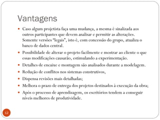 Vantagens Caso algum projetista faça uma mudança, a mesma é sinalizada aos outros participantes que devem analisar e permitir as alterações. Somente versões “legais”, isto é, com concessão do grupo, atualiza o banco de dados central.  Possibilidade de alterar o projeto facilmente e mostrar ao cliente o que essas modificações causarão, estimulando a experimentação.  Detalhes de encaixe e montagem são analisados durante a modelagem.  Redução de conflitos nos sistemas construtivos,  Dispensa revisões mais detalhadas;  Melhora o prazo de entrega dos projetos destinados à execução da obra;  Após o processo de aprendizagem, os escritórios tendem a conseguir níveis melhores de produtividade. 