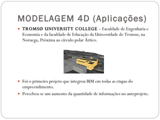 MODELAGEM 4D (Aplicações) TROMSØ UNIVERSITY COLLEGE -  Faculdade de Engenharia e Economia e da faculdade de Educação da Universidade de Tromsø, na Noruega, Próxima ao círculo polar Ártico. Foi o primeiro projeto que integrou BIM em todas as etapas do empreendimento. Percebeu-se um aumento da quantidade de informações no anteprojeto. 