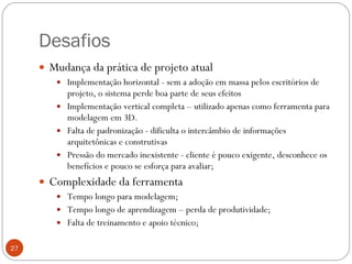 Desafios Mudança da prática de projeto atual Implementação horizontal - sem a adoção em massa pelos escritórios de projeto, o sistema perde boa parte de seus efeitos  Implementação vertical completa – utilizado apenas como ferramenta para modelagem em 3D.  Falta de padronização - dificulta o intercâmbio de informações arquitetônicas e construtivas  Pressão do mercado inexistente - cliente é pouco exigente, desconhece os benefícios e pouco se esforça para avaliar; Complexidade da ferramenta  Tempo longo para modelagem; Tempo longo de aprendizagem – perda de produtividade; Falta de treinamento e apoio técnico; 