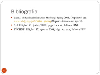 Bibliografia Journal of Building Information Modeling. Spring 2008.  Disponível em:  www.wbdg.org/pdfs/j bim _ spring 08.pdf  . Acessado em ago/08. AU. Edição 171, junho/2008, págs. xx a xx, Editora PINI. TÉCHNE. Edição 137, agosto/2008, págs. xx a xx, Editora PINI. 