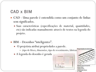 CAD x BIM CAD - Uma parede é entendida como um conjunto de linhas sem significados. Suas características (especificações de material, quantidades, etc) são indicadas manualmente através de textos na legenda do projeto. BIM – Desenhos “inteligentes”. O projetista atribui propriedades a parede. (tipo de bloco, dimensões, tipo de revestimento, fabricantes, etc.),  A legenda do desenho é gerada automaticamente; 