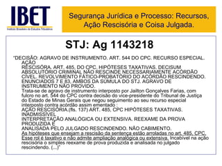 STJ: Ag 1143218  “ DECISÃO: AGRAVO DE INSTRUMENTO. ART. 544 DO CPC. RECURSO ESPECIAL. AÇÃO RESCISÓRA. ART. 485, DO CPC. HIPÓTESES TAXATIVAS. DECISUM ABSOLUTÓRIO CRIMINAL NÃO RESCINDE NECESSARIAMENTE ACÓRDÃO CÍVEL. REVOLVIMENTO FÁTICO-PROBATÓRIO DO ACÓRDÃO RESCINDENDO. ENUNCIADOS 7 E 83, AMBOS DA SÚMULA DO STJ. AGRAVO DE INSTRUMENTO NÃO PROVIDO. Trata-se de agravo de instrumento interposto por Jailton Gonçalves Farias, com fulcro no art. 544 do CPC contra decisão do vice-presidente do Tribunal de Justiça do Estado de Minas Gerais que negou seguimento ao seu recurso especial interposto contra acórdão assim ementado : AÇÃO RESCISÓRIA.(fls. 137) ART. 485, CPC HIPÓTESES TAXATIVAS. INADMISSÍVEL INTERPRETAÇÃO ANALÓGICA OU EXTENSIVA. REEXAME DA PROVA PRODUZIDA E ANALISADA PELO JULGADO RESCINDENDO. NÃO CABIMENTO. As hipóteses que ensejam a rescisão da sentença estão arroladas no art. 485, CPC. Esse rol é taxativo e não admite ampliação analógica ou extensiva.  Incabível na ação rescisória o simples reexame de prova produzida e analisada no julgado rescindendo. (...)” Segurança Jurídica e Processo: Recursos, Ação Rescisória e Coisa Julgada. 