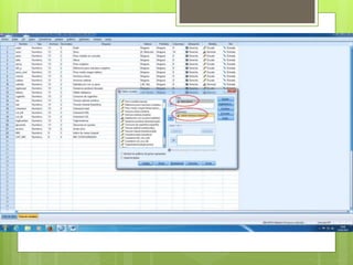  Se trata de una tabla 2x2 nominal/nominal (nos
mezcla dos o mas variables de tipo nominal).
Esta compuesta por dos columnas o dos filas
entrecruzadas.
 Ponemos la variable sexo en filas, y la variable
hábito tabáquico en columnas:
 