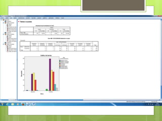 Este es el resultado:
 Tenemos un perdido. Habría que
averiguar si esa persona no contestó o si
se nos pasó de introducir los datos.
 Parece que las mujeres tienen mas tendencia al
sobrepeso que los hombres.
 El IMC predominante como podemos ver es:
 mujeres: normopeso.
 hombre se maneja con sobrepeso, normopeso y en menor
medida obesidad grado I, los demás valores quedan lejos.
 