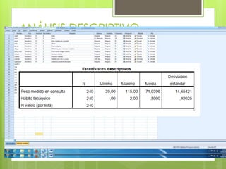 ANÁLISIS DESCRIPTIVO
 A continuación realizamos un análisis
descriptivo.
 Y obtenemos la tabla que se muestra a
continuación.
 