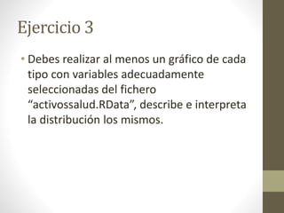 Ejercicio 3
• Debes realizar al menos un gráfico de cada
tipo con variables adecuadamente
seleccionadas del fichero
“activossalud.RData”, describe e interpreta
la distribución los mismos.
 