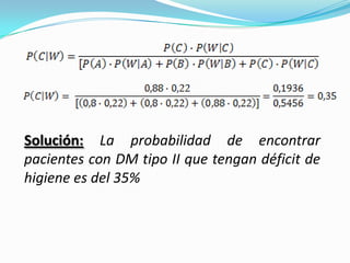 Solución: La probabilidad de encontrar
pacientes con DM tipo II que tengan déficit de
higiene es del 35%
 