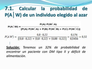 7.1. Calcular la probabilidad de
P(A│W) de un individuo elegido al azar
Solución: Tenemos un 32% de probabilidad de
encontrar un paciente con DM tipo II y déficit de
alimentación.
 