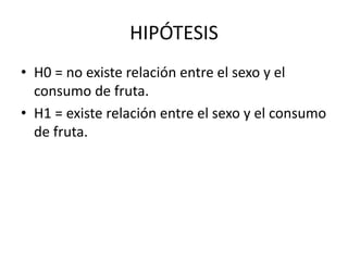 HIPÓTESIS
• H0 = no existe relación entre el sexo y el
consumo de fruta.
• H1 = existe relación entre el sexo y el consumo
de fruta.
 