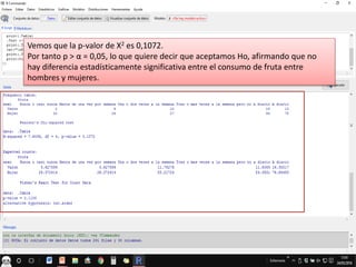 Vemos que la p-valor de Χ2 es 0,1072.
Por tanto p > α = 0,05, lo que quiere decir que aceptamos Ho, afirmando que no
hay diferencia estadísticamente significativa entre el consumo de fruta entre
hombres y mujeres.
 