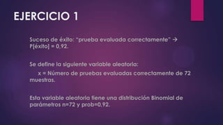 EJERCICIO 1
Suceso de éxito: “prueba evaluada correctamente” 
P[éxito] = 0,92.
Se define la siguiente variable aleatoria:
x = Número de pruebas evaluadas correctamente de 72
muestras.
Esta variable aleatoria tiene una distribución Binomial de
parámetros n=72 y prob=0,92.
 