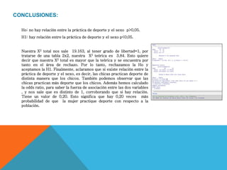 CONCLUSIONES:
Ho: no hay relación entre la práctica de deporte y el sexo p>0,05.
H1: hay relación entre la práctica de deporte y el sexo p<0,05.
Nuestra X2 total nos sale 19.163, al tener grado de libertad=1, por
tratarse de una tabla 2x2, nuestra X2 teórica es 3,84. Esto quiere
decir que nuestra X2 total es mayor que la teórica y se encuentra por
tanto en el área de rechazo. Por lo tanto, rechazamos la Ho y
aceptamos la H1. Finalmente, aclaramos que si existe relación entre la
práctica de deporte y el sexo, es decir, las chicas practican deporte de
distinta manera que los chicos. También podemos observar que las
chicas practican más deporte que los chicos. Además hemos calculado
la odds ratio, para saber la fuerza de asociación entre las dos variables
, y nos sale que es distinto de 1, corroborando que si hay relación.
Tiene un valor de 0,20. Esto significa que hay 0,20 veces más
probabilidad de que la mujer practique deporte con respecto a la
población.
 