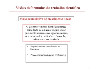 17
Visões deformadas do trabalho científico
Visão acumulativa de crescimento linear
O desenvolvimento científico aparece
como fruto de um crescimento linear,
puramente acumulativo, ignora as crises,
as remodelações profundas e desconhece
crises entre teorias rivais.
• Segunda menos mencionada na
literatura.
• Pouco mencionada pelos professores.
 