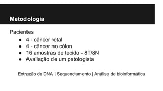 Metodologia
Pacientes
● 4 - câncer retal
● 4 - câncer no cólon
● 16 amostras de tecido - 8T/8N
● Avaliação de um patologista
Extração de DNA | Sequenciamento | Análise de bioinformática

 