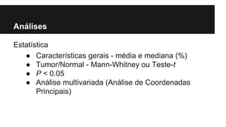 Análises
Estatística
● Características gerais - média e mediana (%)
● Tumor/Normal - Mann-Whitney ou Teste-t
● P < 0.05
● Análise multivariada (Análise de Coordenadas
Principais)

 