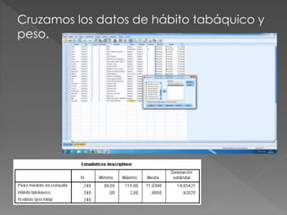 Cruzamos los datos de hábito tabáquico y
peso.
 
