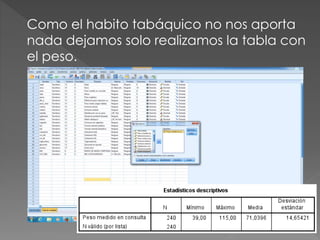 Como el habito tabáquico no nos aporta
nada dejamos solo realizamos la tabla con
el peso.
 