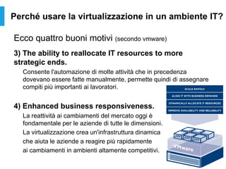 Perché usare la virtualizzazione in un ambiente IT?
Ecco quattro buoni motivi (secondo vmware)
3) The ability to reallocate IT resources to more
strategic ends.
Consente l'automazione di molte attività che in precedenza
dovevano essere fatte manualmente, permette quindi di assegnare
compiti più importanti ai lavoratori.
4) Enhanced business responsiveness.
La reattività ai cambiamenti del mercato oggi è
fondamentale per le aziende di tutte le dimensioni.
La virtualizzazione crea un'infrastruttura dinamica
che aiuta le aziende a reagire più rapidamente
ai cambiamenti in ambienti altamente competitivi.
 