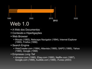 1990                  2000               2010                    2020
                                                2012

   Web 1.0
    A Web dos Documentos
    Conteúdo e Hiperligações
    Web Browser
        Mosaic (1993), Netscape Navigator (1994), Internet Explorer
         (1995), Firefox (1998)
    Search Engine
        WebCrawler.com (1994), Altavista (1995), SAPO (1995), Yahoo
         (1995), Google (1998)
    Empresas Long Tail
        Amazon.com (1995), Ebay.com (1995), Netflix.com (1997),
         Google.com (1998), Audible.com (1999), iTunes (2003)
 