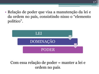 17



• Relação de poder que visa a manutenção da lei e
  da ordem no país, consistindo nisso o “elemento
  político”.


                 LEI

              DOMINAÇÃO

                    PODER


   Com essa relação de poder = manter a lei e
                ordem no país.
 