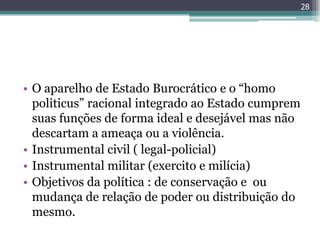 28




• O aparelho de Estado Burocrático e o “homo
  politicus” racional integrado ao Estado cumprem
  suas funções de forma ideal e desejável mas não
  descartam a ameaça ou a violência.
• Instrumental civil ( legal-policial)
• Instrumental militar (exercito e milícia)
• Objetivos da política : de conservação e ou
  mudança de relação de poder ou distribuição do
  mesmo.
 
