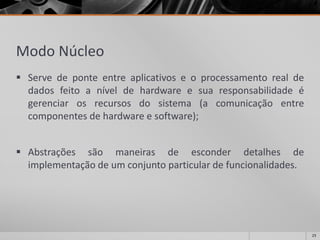 Modo Núcleo 
Servedeponteentreaplicativoseoprocessamentorealdedadosfeitoaníveldehardwareesuaresponsabilidadeégerenciarosrecursosdosistema(acomunicaçãoentrecomponentesdehardwareesoftware); 
Abstraçõessãomaneirasdeesconderdetalhesdeimplementaçãodeumconjuntoparticulardefuncionalidades. 
23 
 