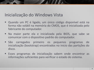Inicialização do Windows Vista 
QuandoumPCéligado,umúnicocódigodisponívelestánaformanãovolátilnamemóriadoCMOS,queéinicializadapelofabricantedocomputador. 
NamaiorparteelaeinicializadapelaBIOS,quesabesecomunicarcomodispositivopadrãodocomputador. 
Sãocarregadosprimeiroospequenosprogramasdeinicialização(bootstrap)encontradosnoiniciodaspartiçõesdodisco. 
Essesprogramasdeinicializaçãosabemondeencontrarasinformaçõessuficientesparaverificaroestadodosistema. 
29 
 