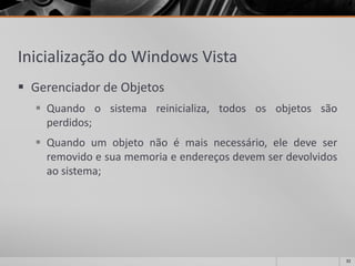 Inicialização do Windows Vista 
GerenciadordeObjetos 
Quandoosistemareinicializa,todososobjetossãoperdidos; 
Quandoumobjetonãoémaisnecessário,eledeveserremovidoesuamemoriaeendereçosdevemserdevolvidosaosistema; 
32 
 