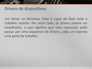 75 
Drivers de dispositivos 
UmdrivernoWindowsVistaécapazdefazertodootrabalhosozinho.Poroutrolado,osdriverspodemserempilhados,oquesignificaqueumarequisiçãopodepassarporumasequenciadedrivers,cadaumfazendoumapartedotrabalho.  