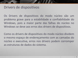 76 
Drivers de dispositivos 
OsDriversdedispositivosdomodonúcleosãoumproblemagraveparaaestabilidadeeconfiabilidadedoWindows,poisamaiorpartedasfalhasdonúcleonoWindowssedeveaoserrosdosdriversdedispositivos. 
Comoosdriversdedispositivosdomodonúcleodividemomesmoespaçodeendereçamentocomascamadasdonúcleoeexecutiva,errosnosdriverspodemcorromperasestruturasdedadosdosistema.  