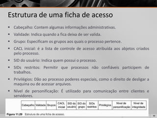 88 
Estrutura de uma ficha de acesso 
Cabeçalho:Contemalgumasinformaçõesadministrativas. 
Validade:Indicaquandoaficadeixadeservalida. 
Grupo:Especificamosgruposaosquaisoprocessopertence. 
CACLinicial:éalistadecontroledeacessoatribuídaaosabjetoscriadospeloprocesso. 
SIDdousuário:Indicaquempossuioprocesso. 
SIDsrestritos:Permitirqueprocessosnãoconfiáveisparticipemdetrabalhos. 
Privilégios:Dãoaoprocessopoderesespeciais,comoodireitodedesligaramaquinaoudeacessararquivos. 
Níveldepersonificação:Éutilizadoparacomunicaçãoentreclienteseservidores.  