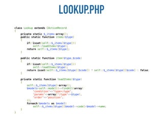 LOOKUP.PHP
class Lookup extends CActiveRecord
{
    private static $_items=array();
    public static function items($type)
    {
        if(!isset(self::$_items[$type]))
            self::loadItems($type);
        return self::$_items[$type];
    }

    public static function item($type,$code)
    {
        if(!isset(self::$_items[$type]))
            self::loadItems($type);
        return isset(self::$_items[$type][$code]) ? self::$_items[$type][$code] : false;
    }

    private static function loadItems($type)
    {
        self::$_items[$type]=array();
        $models=self::model()->findAll(array(
            'condition'=>'type=:type',
            'params'=>array(':type'=>$type),
            'order'=>'position',
        ));
        foreach($models as $model)
            self::$_items[$type][$model->code]=$model->name;
    }
}
 