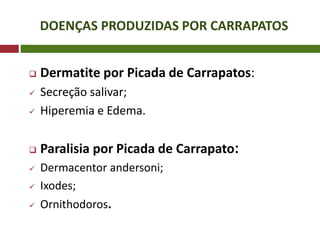 DOENÇAS PRODUZIDAS POR CARRAPATOS
 Dermatite por Picada de Carrapatos:
 Secreção salivar;
 Hiperemia e Edema.
 Paralisia por Picada de Carrapato:
 Dermacentor andersoni;
 Ixodes;
 Ornithodoros.
 