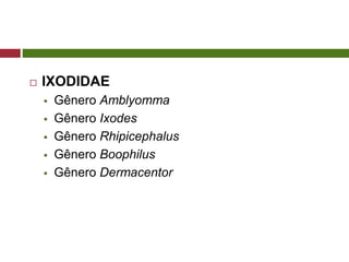  IXODIDAE
 Gênero Amblyomma
 Gênero Ixodes
 Gênero Rhipicephalus
 Gênero Boophilus
 Gênero Dermacentor
 