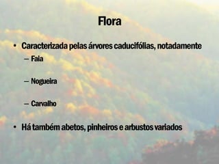 Flora
• Caracterizada pelas árvores caducifólias, notadamente
   – Faia

   – Nogueira

   – Carvalho

• Há também abetos, pinheiros e arbustos variados
 