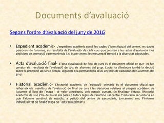 Documents d’avaluació
Segons l’ordre d’avaluació del juny de 2016
• Expedient acadèmic- L'expedient acadèmic conté les dades d'identificació del centre, les dades
personals de l'alumne, els resultats de l'avaluació de cada curs que consten a les actes d'avaluació i les
decisions de promoció o permanència i, si és pertinent, les mesures d'atenció a la diversitat adoptades.
• Acta d’avaluació final- L'acta d'avaluació de final de curs és el document oficial en què es fan
constar els resultats de l'avaluació de tots els alumnes del grup. L'acta ha d'incloure també la decisió
sobre la promoció al curs o l'etapa següents o la permanència d'un any més de cadascun dels alumnes del
grup.
• Historial acadèmic- L'historial acadèmic de l'educació primària és el document oficial que
reflecteix els resultats de l'avaluació de final de curs i les decisions relatives al progrés acadèmic de
l'alumne al llarg de l'etapa i té valor acreditatiu dels estudis cursats. En finalitzar l'etapa, l'historial
acadèmic de sisè s'ha de lliurar als pares o tutors legals de l'alumne i al centre d'educació secundària en
què l'alumne continuï els estudis, a petició del centre de secundària, juntament amb l'informe
individualitzat de final d'etapa de l'educació primària.
 