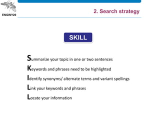 Summarize your topic in one or two sentences
Keywords and phrases need to be highlighted
Identify synonyms/ alternate terms and variant spellings
Link your keywords and phrases
Locate your information
SKILL
2. Search strategy
 