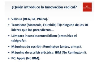 ¿Quién	
  introduce	
  la	
  Innovación	
  radical?
• Válvula (RCA,	
  GE,	
  Philco).
• Transistor	
  (Motorola,	
  Fairchild,	
  TI):	
  ninguno de	
  los 10	
  
líderes que los precedieron...
• Lámpara incandescente:	
  Edison	
  (antes hizo el
telégrafo).
• Máquinas de	
  escribir:	
  Remington (antes,	
  armas).
• Máquina de	
  escribir eléctrica:	
  IBM	
  (No	
  Remington!).
• PC:	
  Apple	
  (No	
  IBM).
 