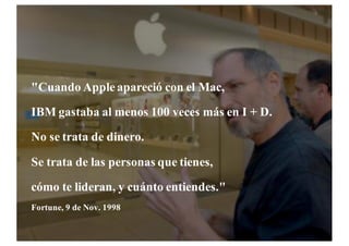 "Cuando Apple apareció con el Mac,
IBM gastaba al menos 100 veces más en I + D.
No se trata de dinero.
Se trata de las personas que tienes,
cómo te lideran, y cuánto entiendes."
Fortune, 9 de Nov. 1998
 