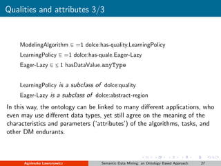 Qualities and attributes 3/3
ModelingAlgorithm ⊑ =1 dolce:has-quality.LearningPolicy
LearningPolicy ⊑ =1 dolce:has-quale.E...