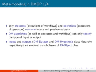 Meta-modeling in DMOP 1/4
only processes (executions of workﬂows) and operations (executions
of operators) consume inputs ...