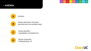 • AGENDA
B
C
D
Nuevas demandas: formamos
personas para una sociedad mejor
Nuevos desafíos:
Capacidades y Competencias
Nuevas respuestas:
El Método Duoc UC
A Contexto
 